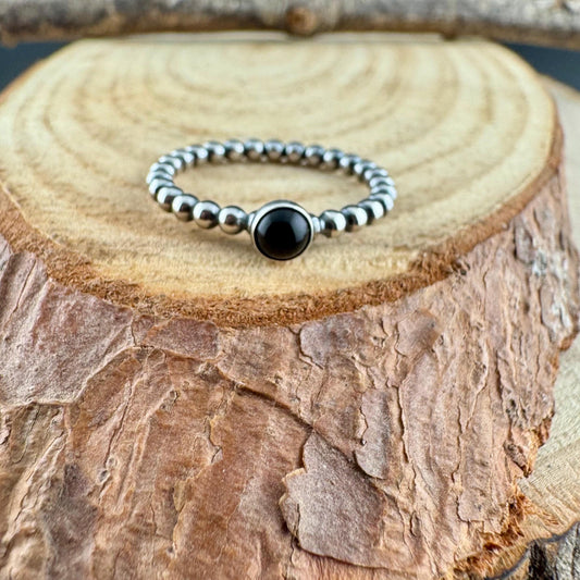 Sterling Silver Black Onyx Cabochon Ring | Minimalist Beaded Wire Stackable Band