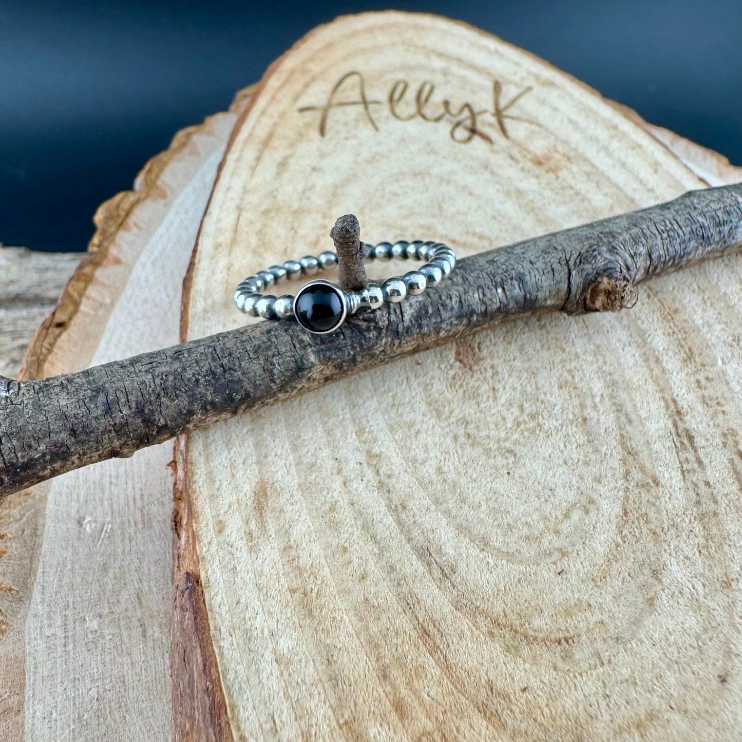 Sterling Silver Black Onyx Cabochon Ring | Minimalist Beaded Wire Stackable Band