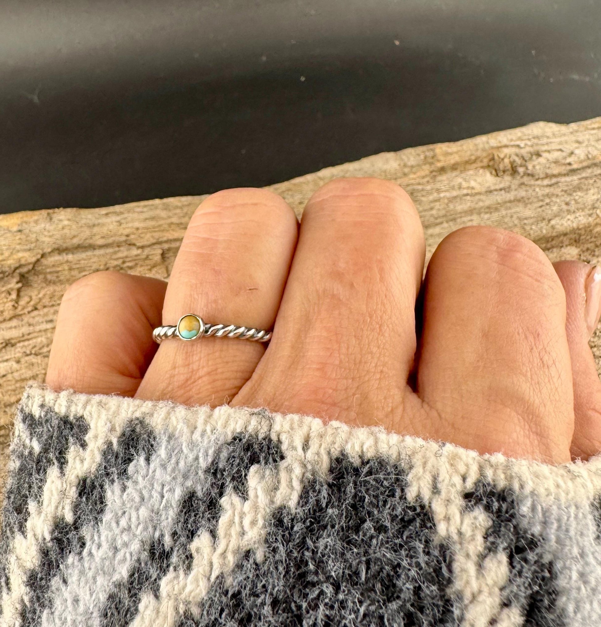 Sterling Silver Turquoise Cabochon Ring | Minimalist Rope Twist Wire Stackable Band