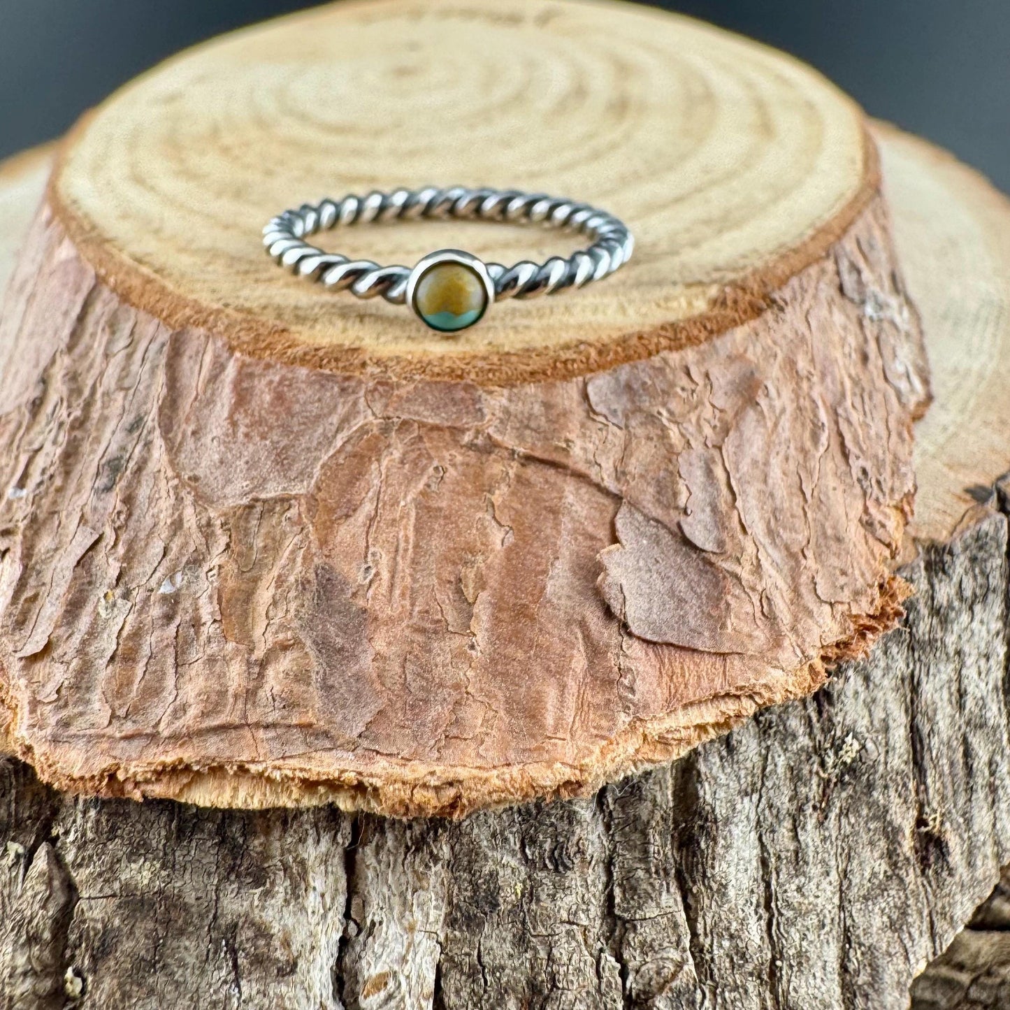 Sterling Silver Turquoise Cabochon Ring | Minimalist Rope Twist Wire Stackable Band