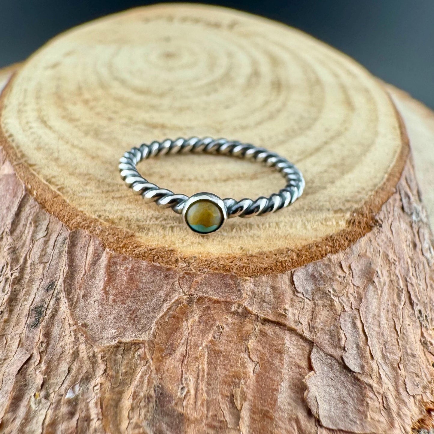 Sterling Silver Turquoise Cabochon Ring | Minimalist Rope Twist Wire Stackable Band