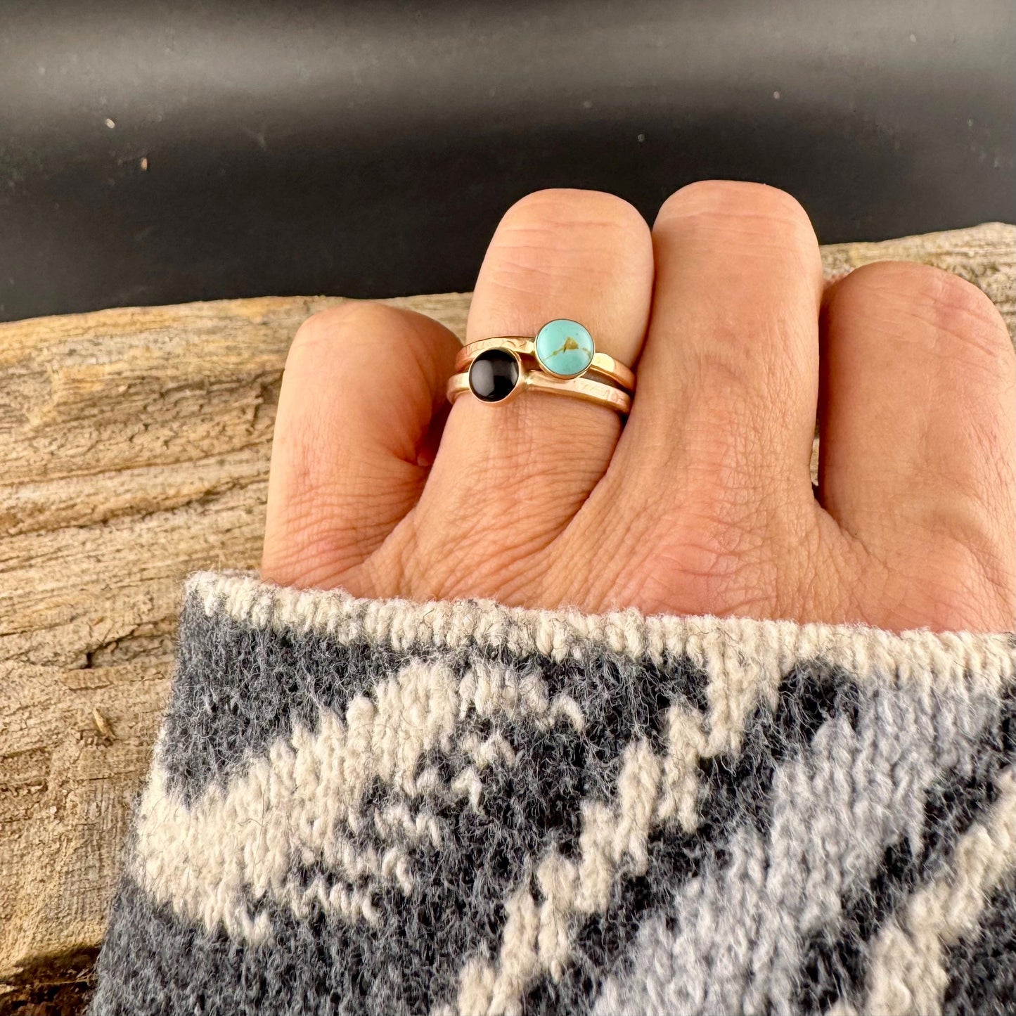 Handcrafted Embossed Brass Ring with Black Onyx or Turquoise Cabochon