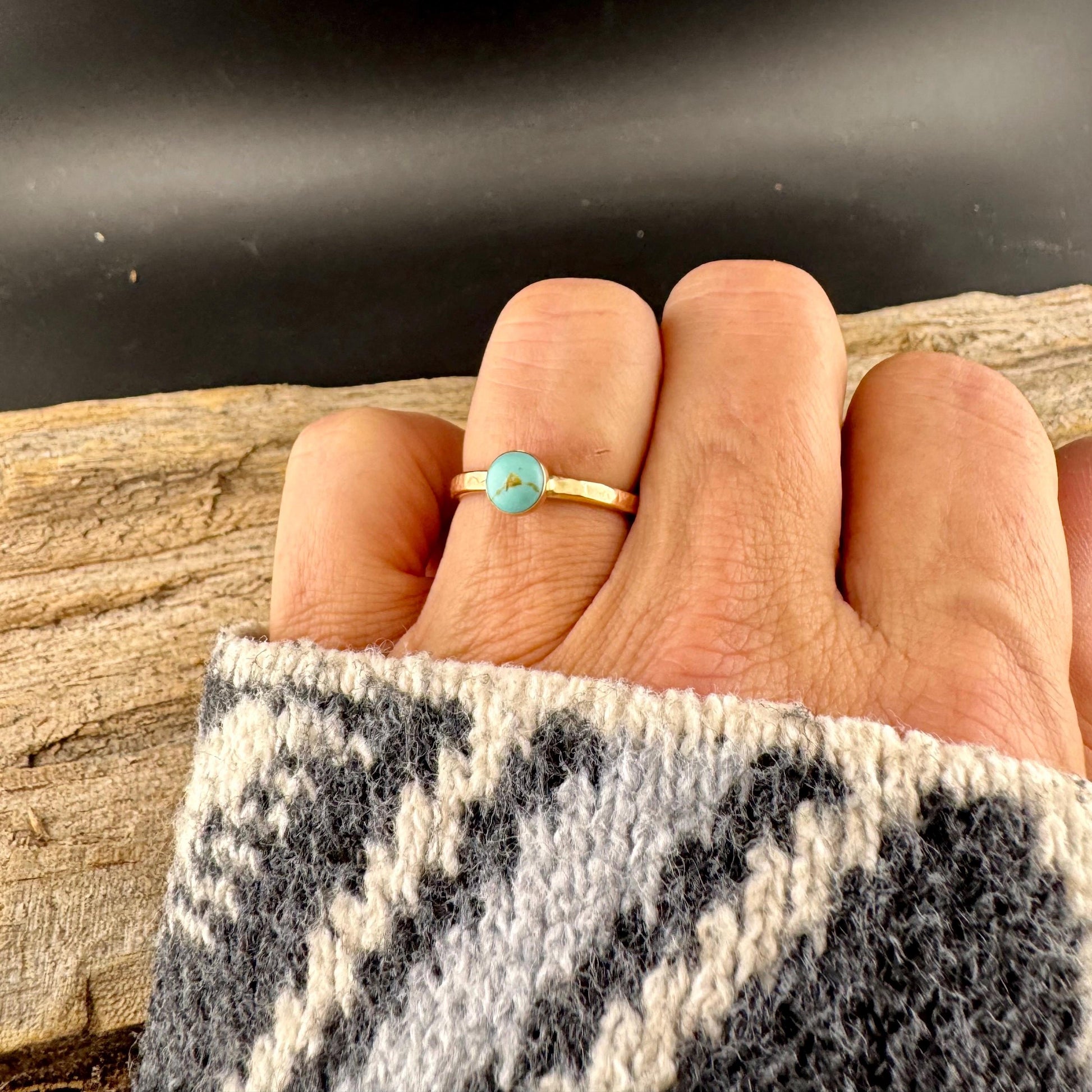 Handcrafted Embossed Brass Ring with Black Onyx or Turquoise Cabochon