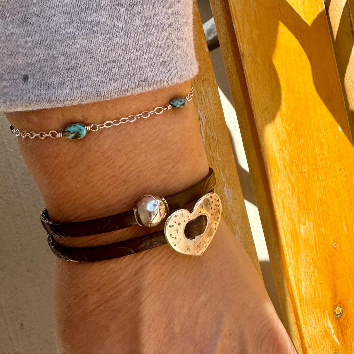 Leather Wrap Bracelet • Embossed Design • Silver Heart • Magnetic Clasp