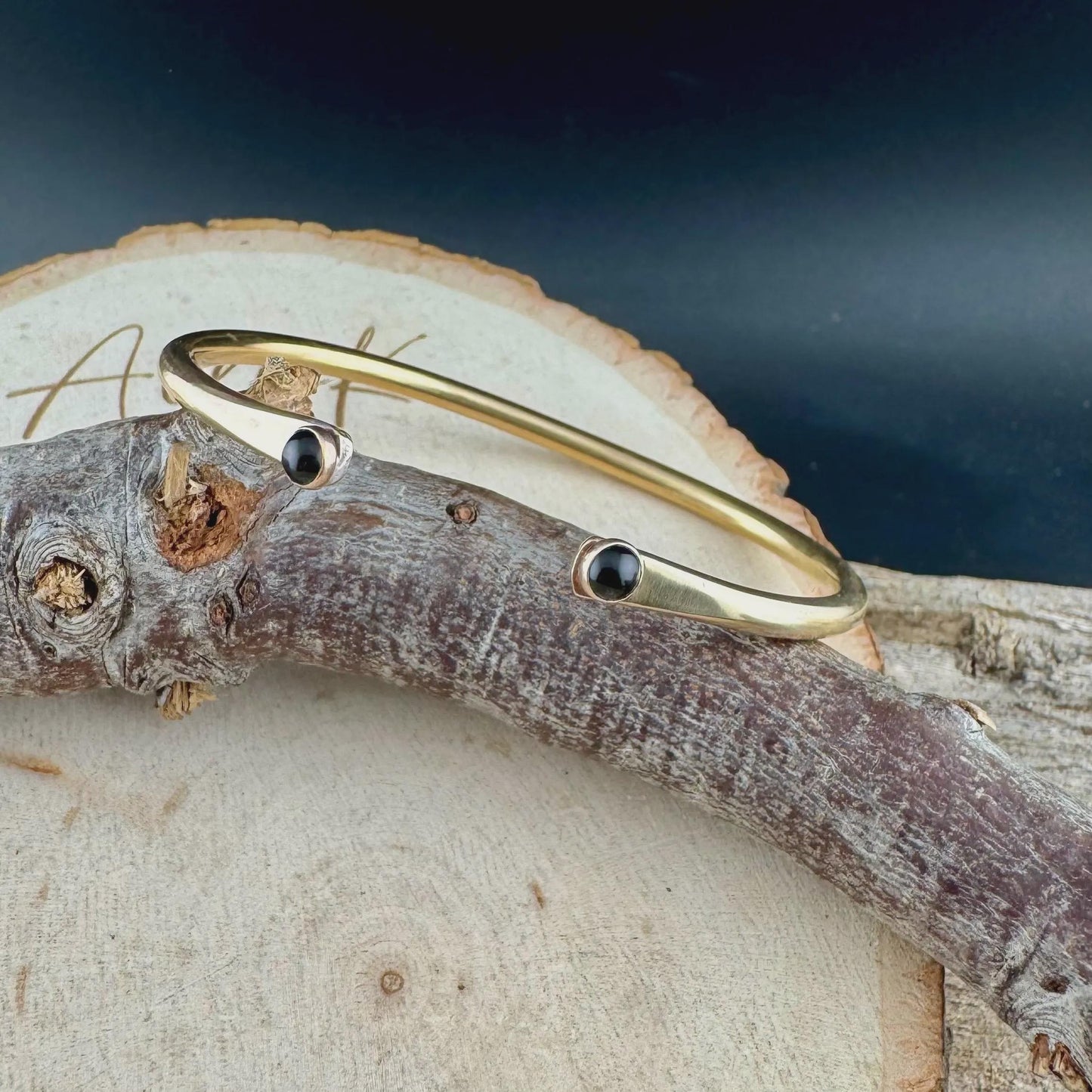 Black Onyx Cuff Bracelets Set | Hand-Forged Brass Stack of 3