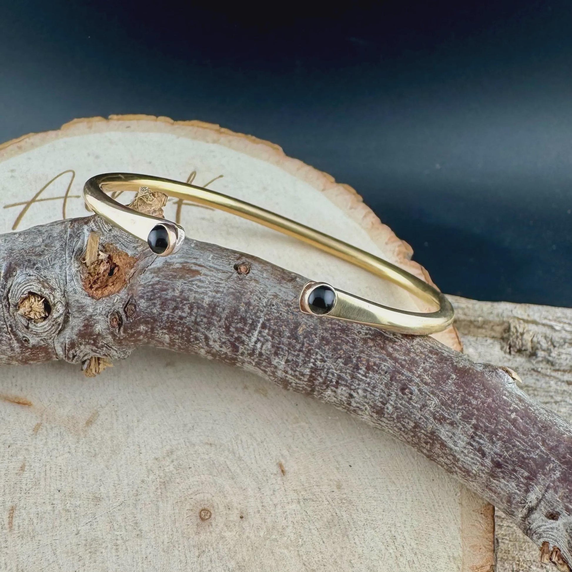 Black Onyx Cuff Bracelets Set | Hand-Forged Brass Stack of 3