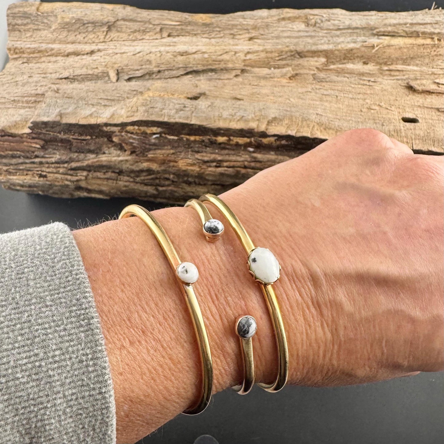 White Buffalo Turquoise Bezel Brass Bracelet – Handmade Adjustable Cuff Jewelry