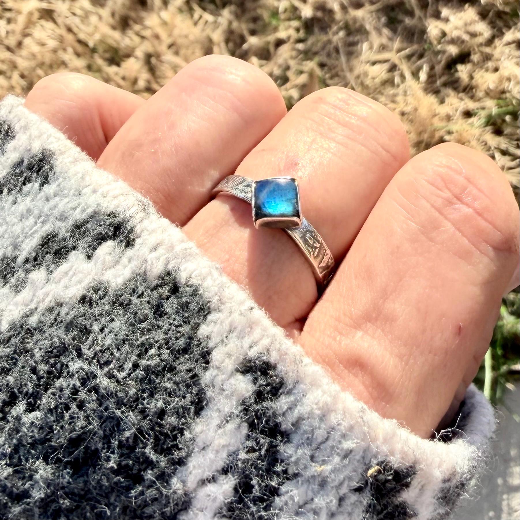 Sterling Silver Rectangle Band Ring with Blue-Fire Labradorite • 6mm Cabochon