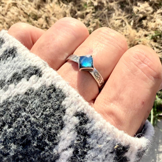 Sterling Silver Rectangle Band Ring with Blue-Fire Labradorite • 6mm Cabochon