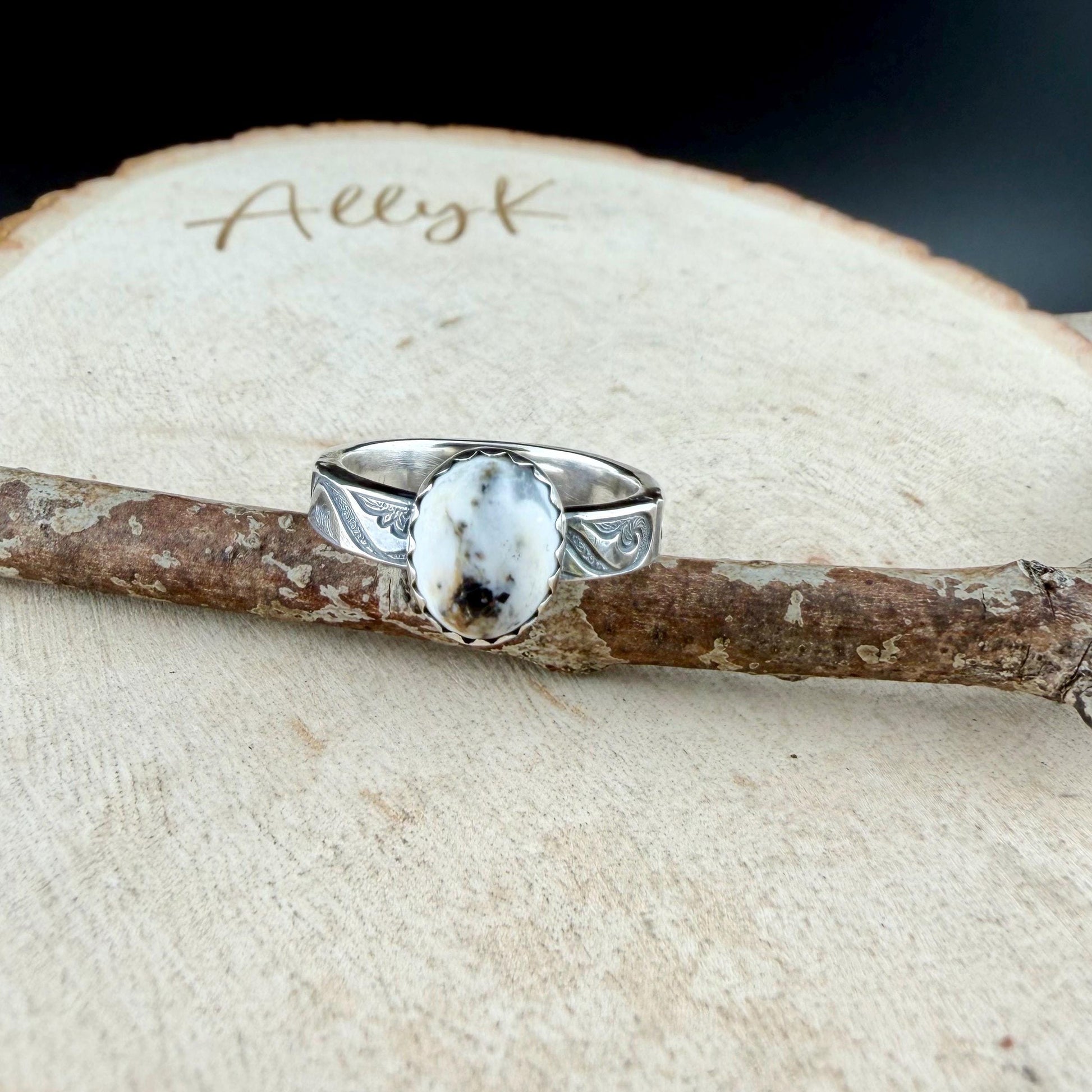 White Buffalo Ring • Southwest Sterling Silver Textured Band • 8×10 Oval Cabochon