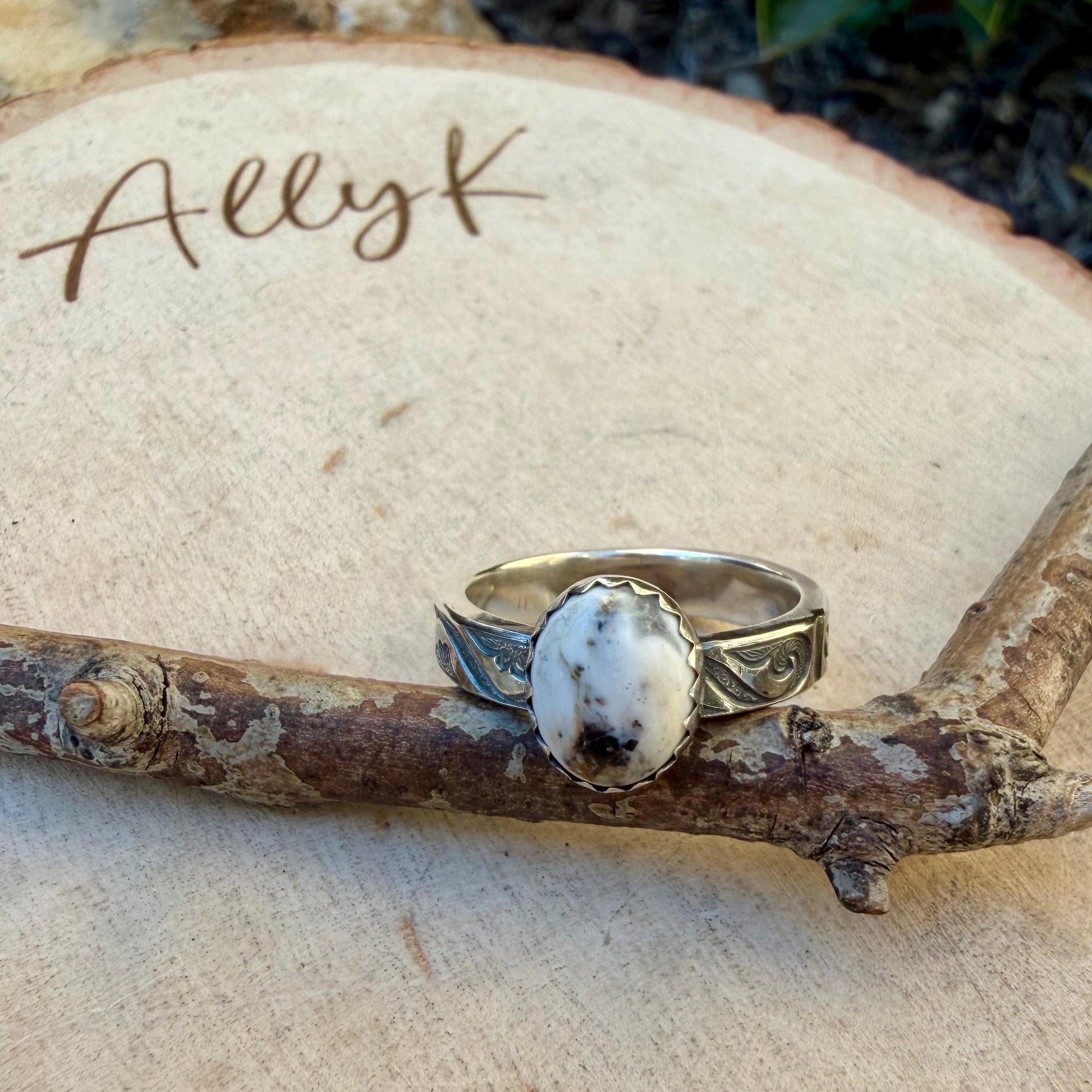 White Buffalo Ring • Southwest Sterling Silver Textured Band • 8×10 Oval Cabochon