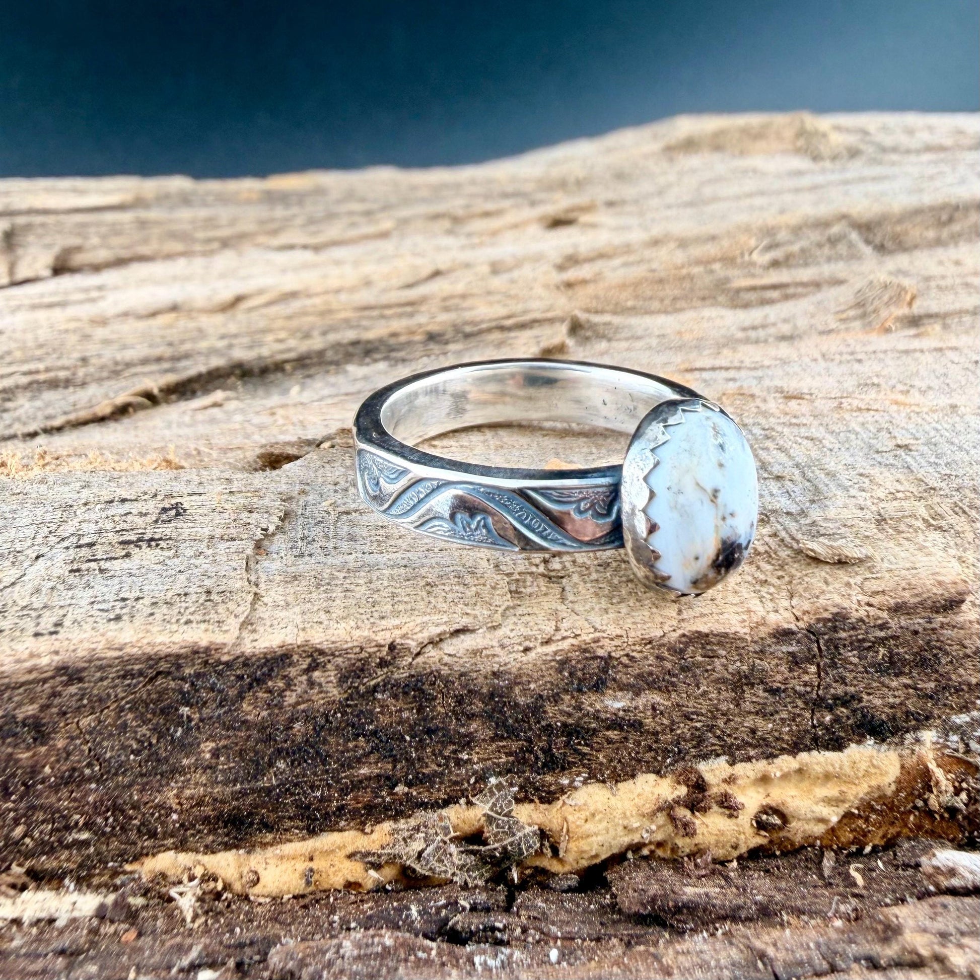 White Buffalo Ring • Southwest Sterling Silver Textured Band • 8×10 Oval Cabochon