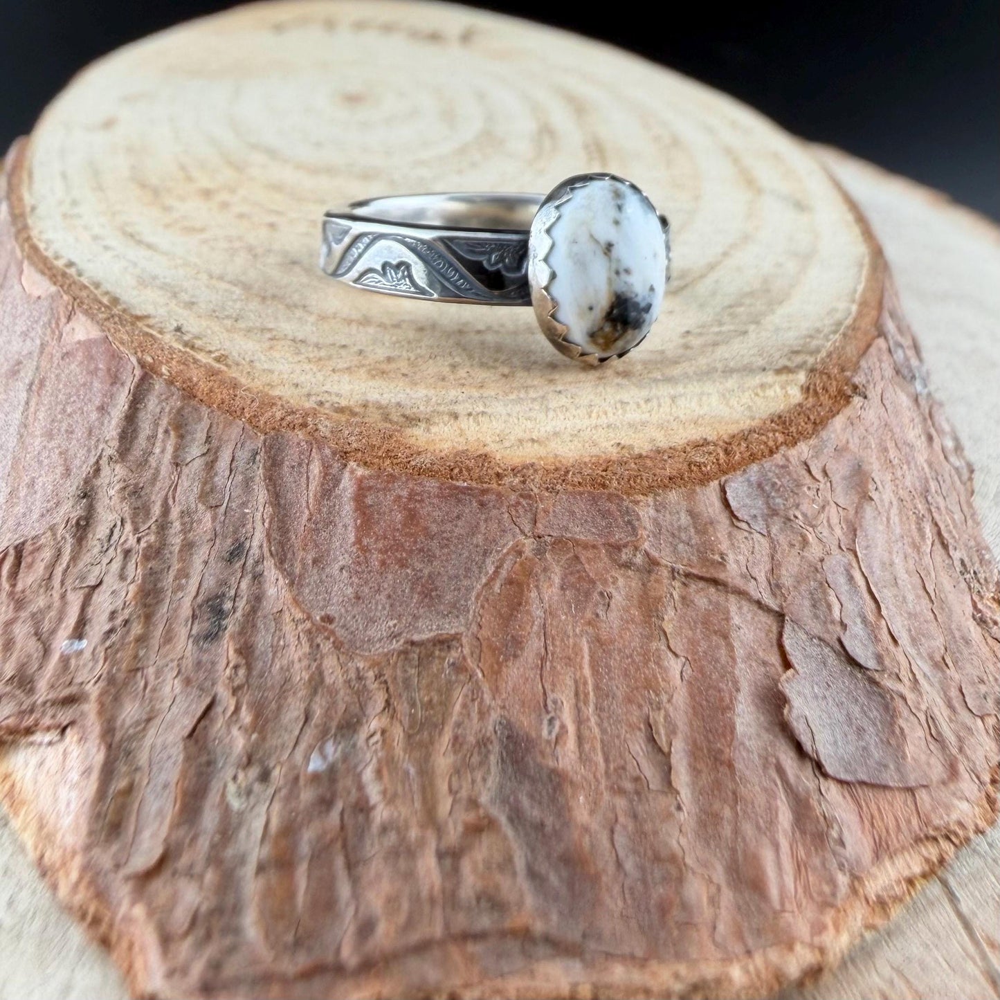 White Buffalo Ring • Southwest Sterling Silver Textured Band • 8×10 Oval Cabochon