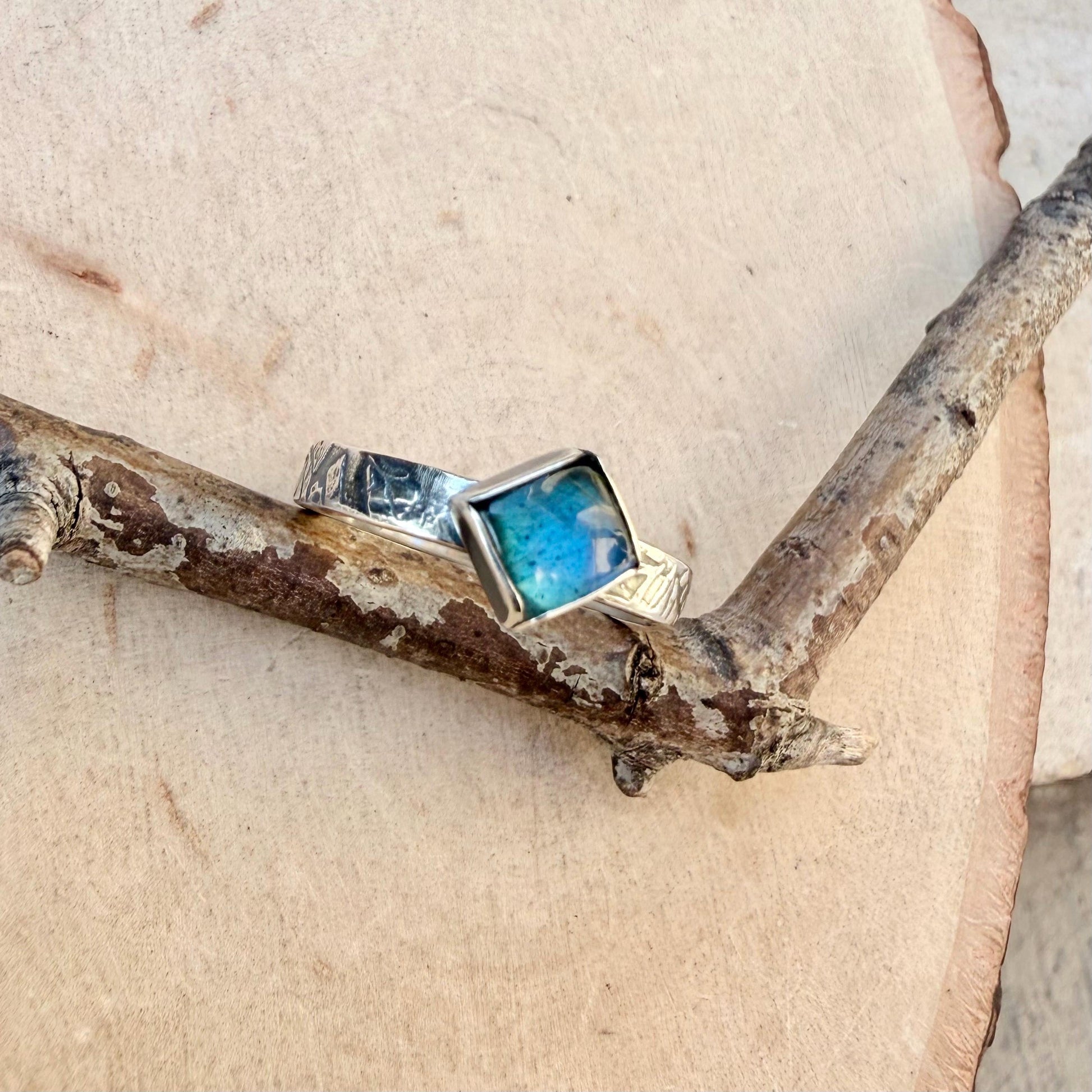 Sterling Silver Rectangle Band Ring with Blue-Fire Labradorite • 6mm Cabochon