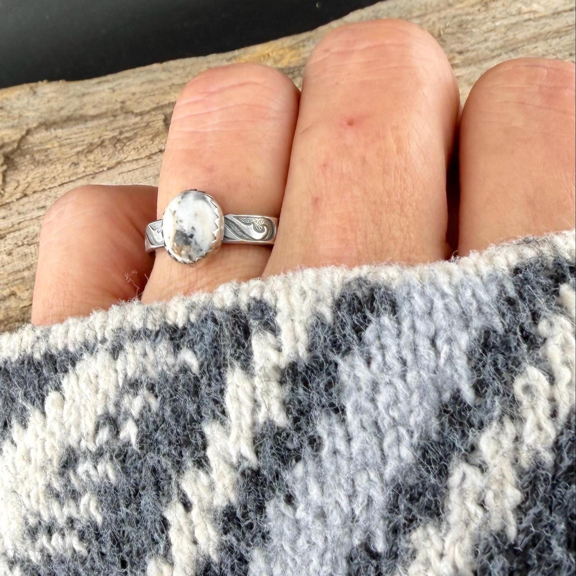 White Buffalo Ring • Southwest Sterling Silver Textured Band • 8×10 Oval Cabochon