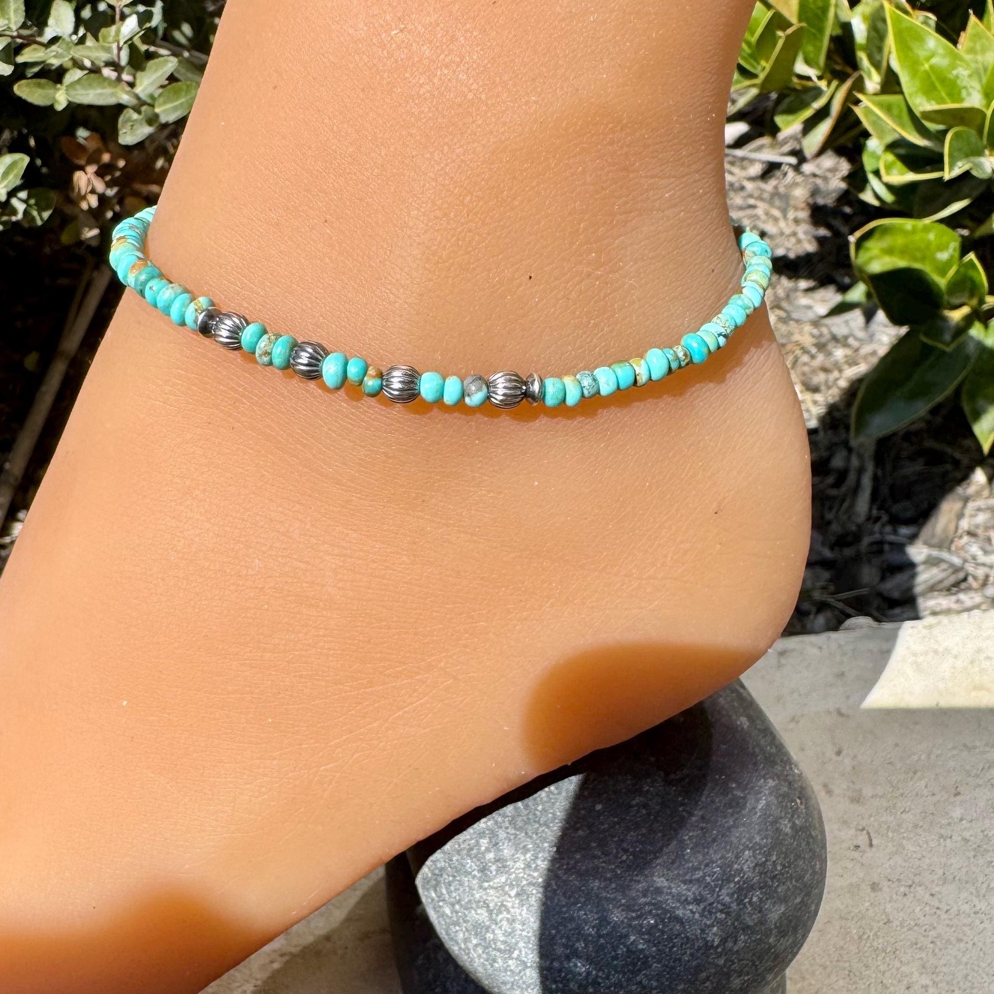 Turquoise & Navajo Pearl Sterling Silver Anklet | Dainty Boho Southwest Ankle Bracelet