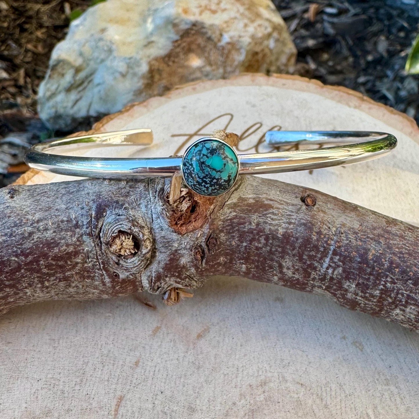 Blue Moon Turquoise Sterling Silver Bracelet –Cabochon Handmade Adjustable Cuff Jewelry