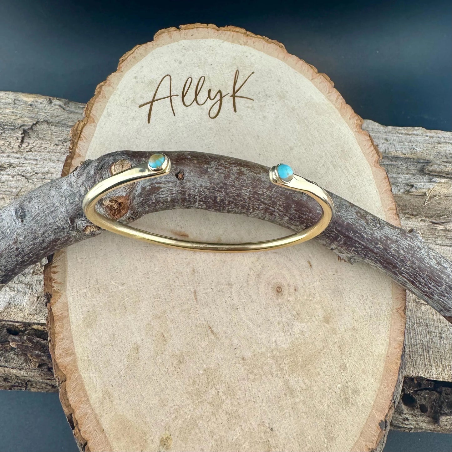 Dainty Brass Turquoise Cuff Bracelet - 4mm Kingman Double Bezel Reverse Design