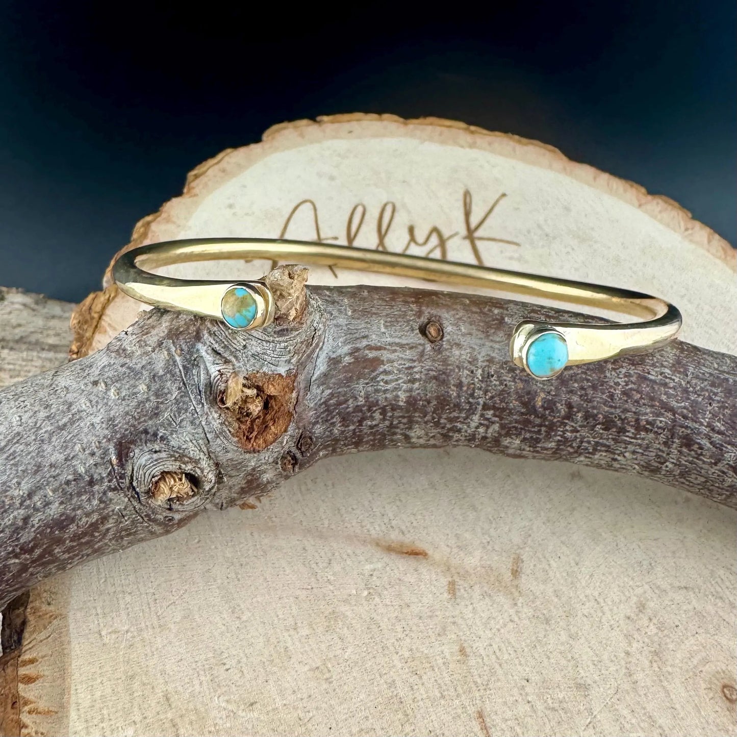 Dainty Brass Turquoise Cuff Bracelet - 4mm Kingman Double Bezel Reverse Design