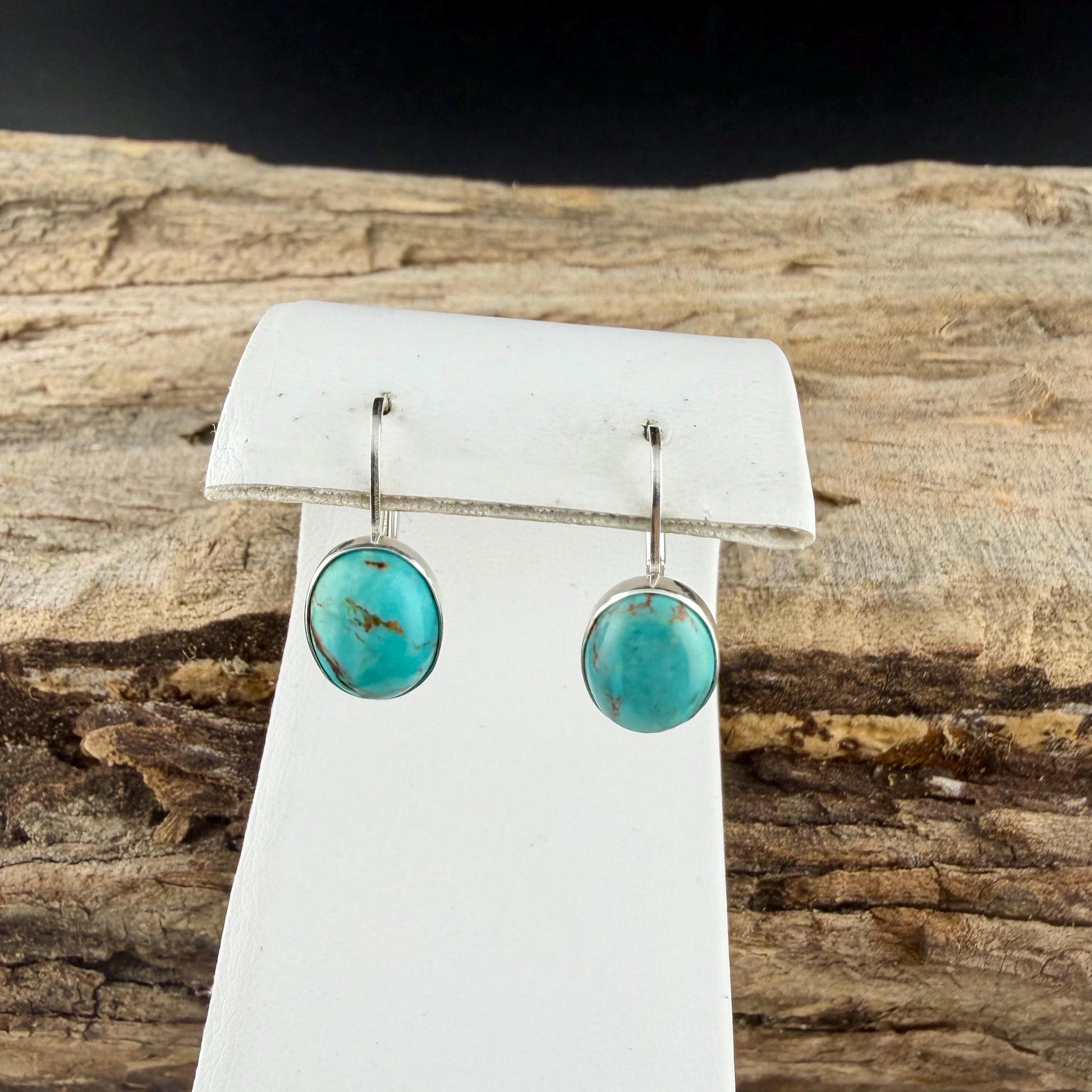 Kingman Turquoise Earrings • Sterling Lever Back • 8×10 Oval Cabochon • Blue Green Gemstone Dangle