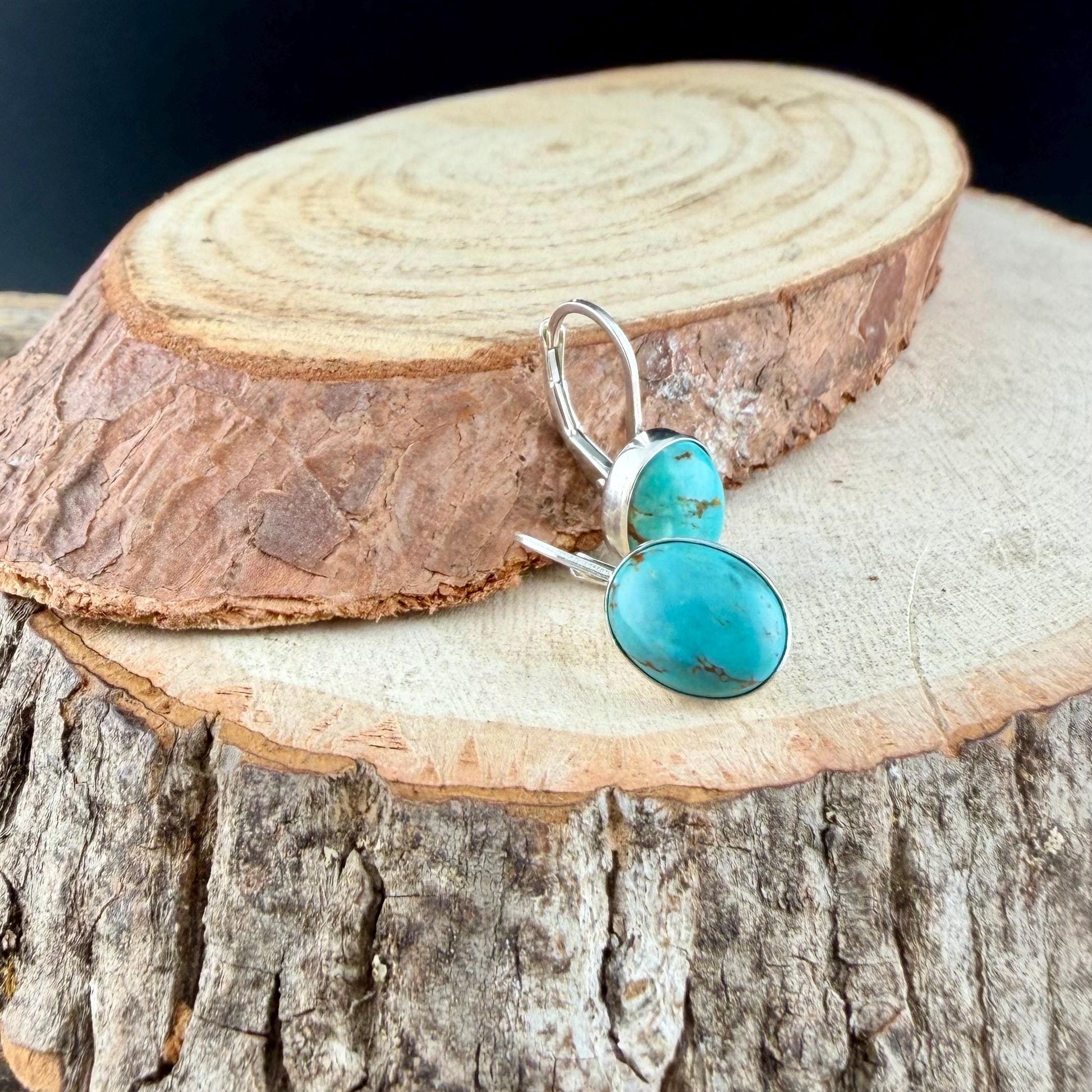 Kingman Turquoise Earrings • Sterling Lever Back • 8×10 Oval Cabochon • Blue Green Gemstone Dangle