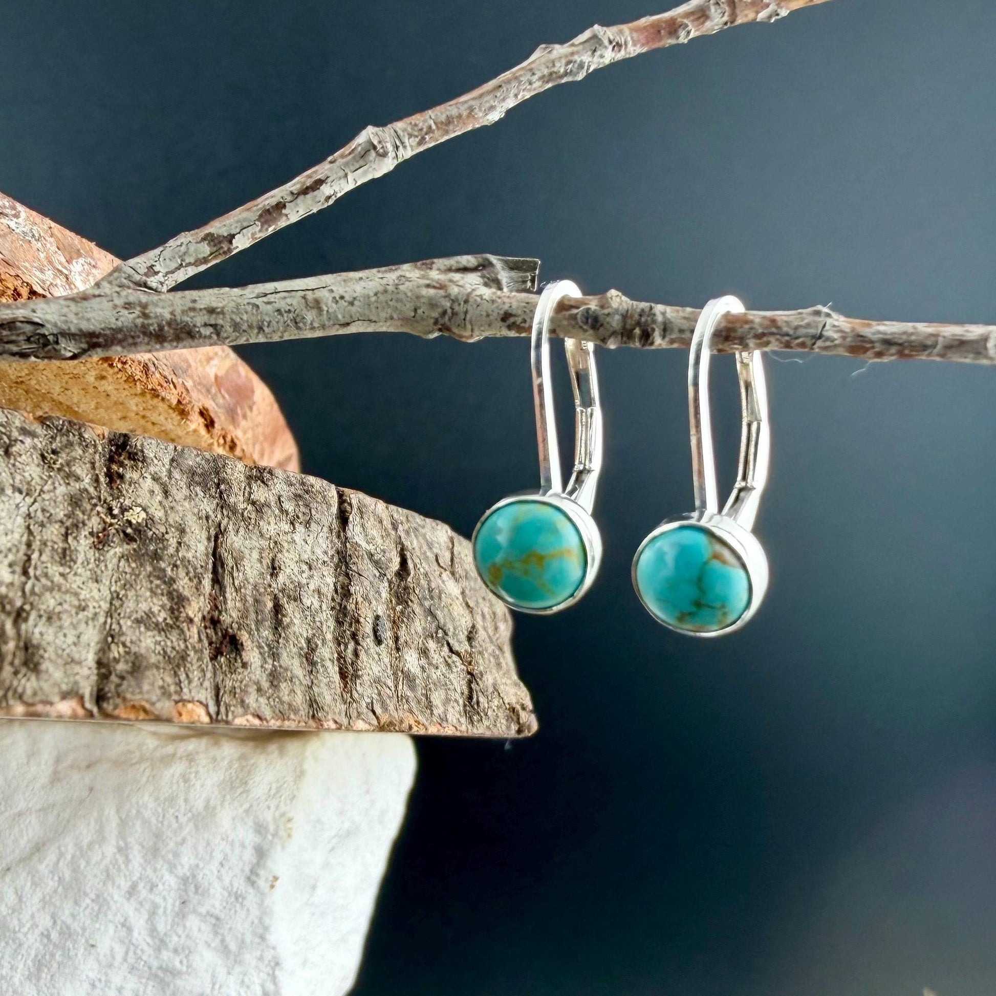 Kingman Turquoise Lever Back Earrings • 6mm Round Cabochon • Sterling Silver Dangle