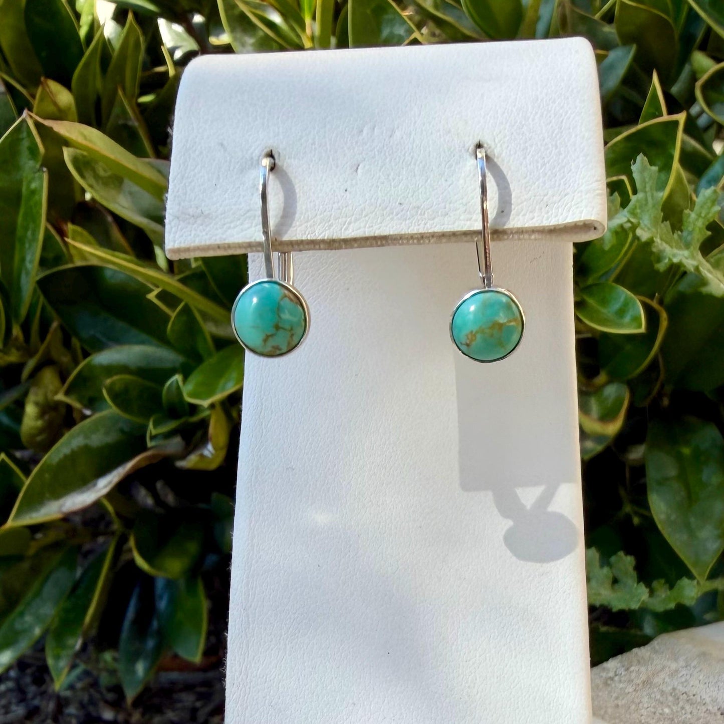 Kingman Turquoise Lever Back Earrings • 6mm Round Cabochon • Sterling Silver Dangle