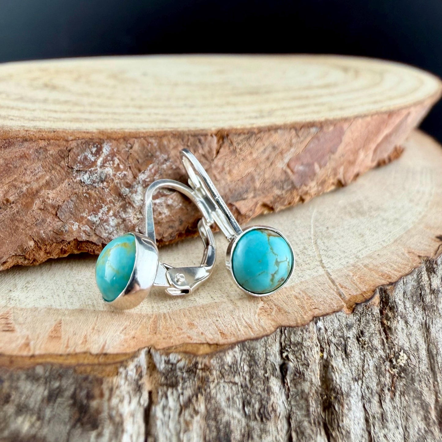 Kingman Turquoise Lever Back Earrings • 6mm Round Cabochon • Sterling Silver Dangle