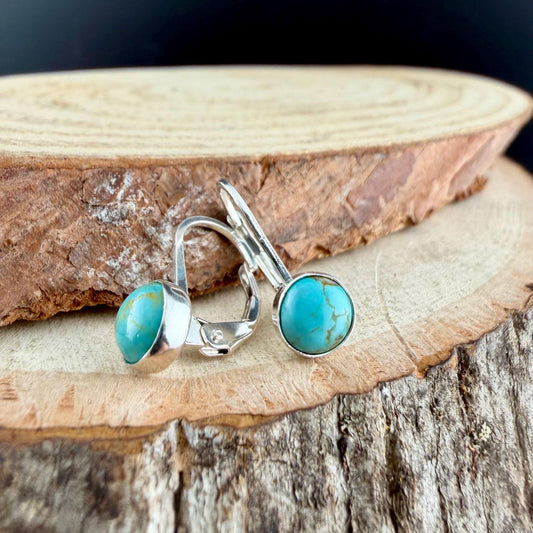 Kingman Turquoise Lever Back Earrings • 6mm Round Cabochon • Sterling Silver Dangle