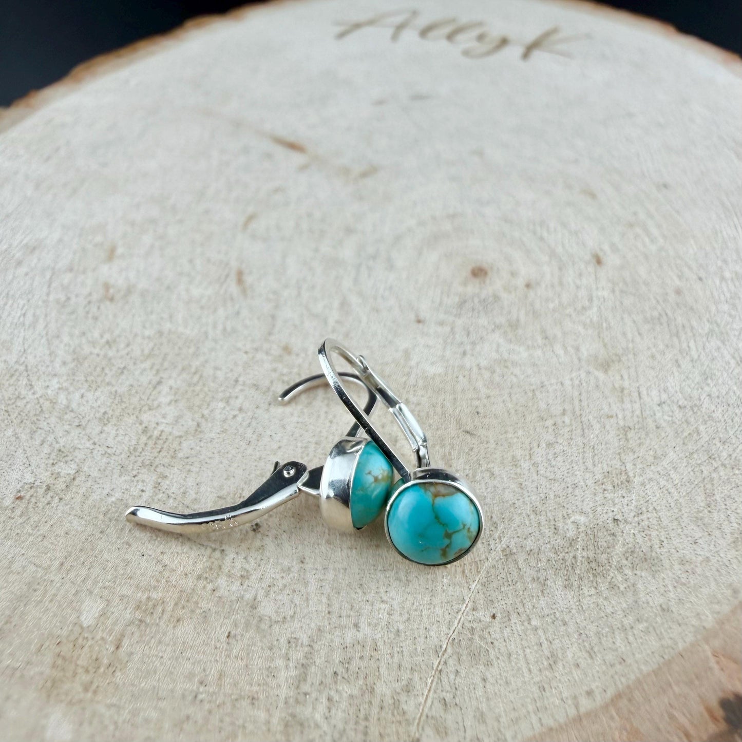 Kingman Turquoise Lever Back Earrings • 6mm Round Cabochon • Sterling Silver Dangle