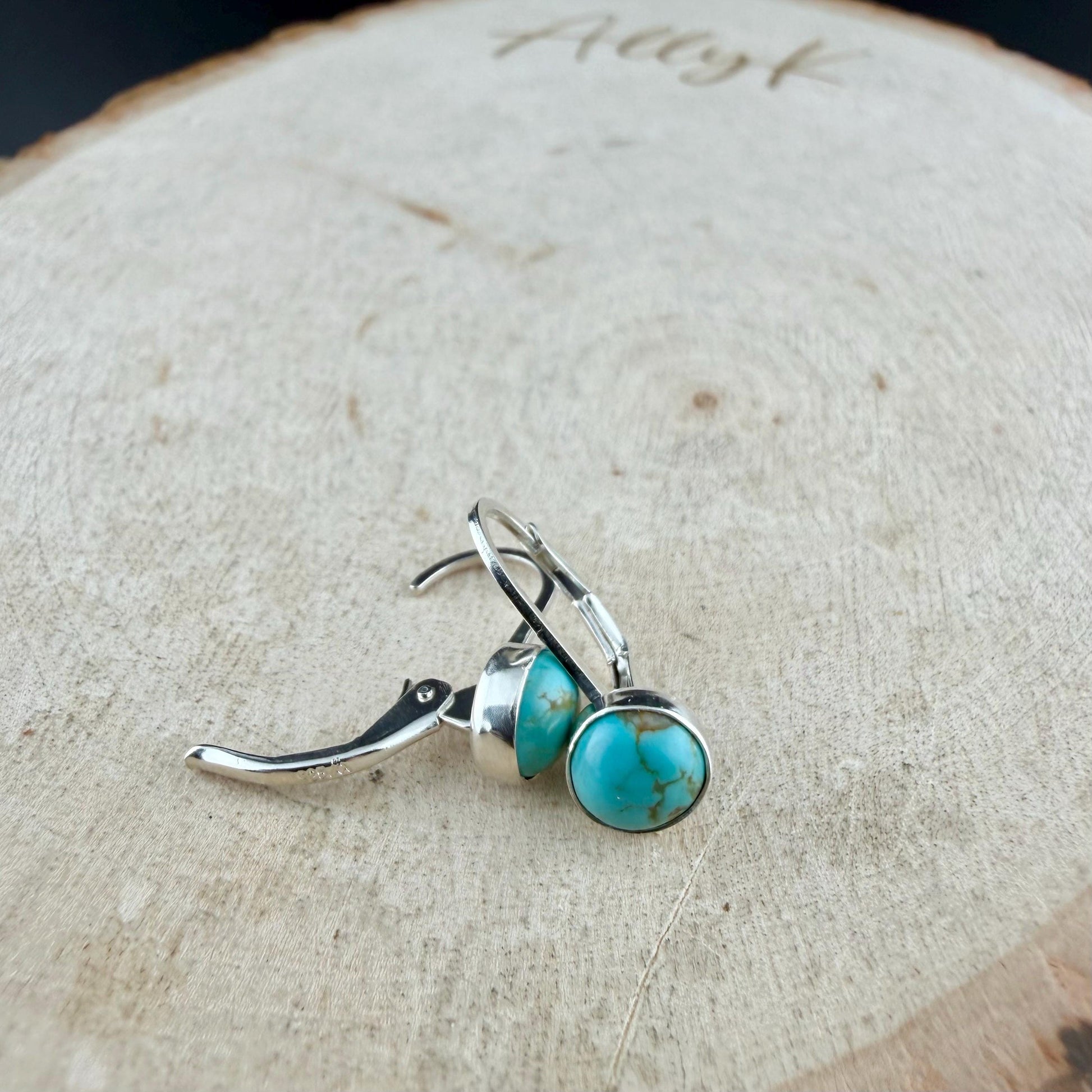 Kingman Turquoise Lever Back Earrings • 6mm Round Cabochon • Sterling Silver Dangle