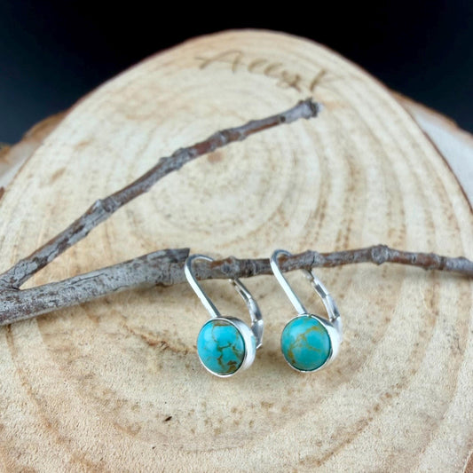 Kingman Turquoise Lever Back Earrings • 6mm Round Cabochon • Sterling Silver Dangle