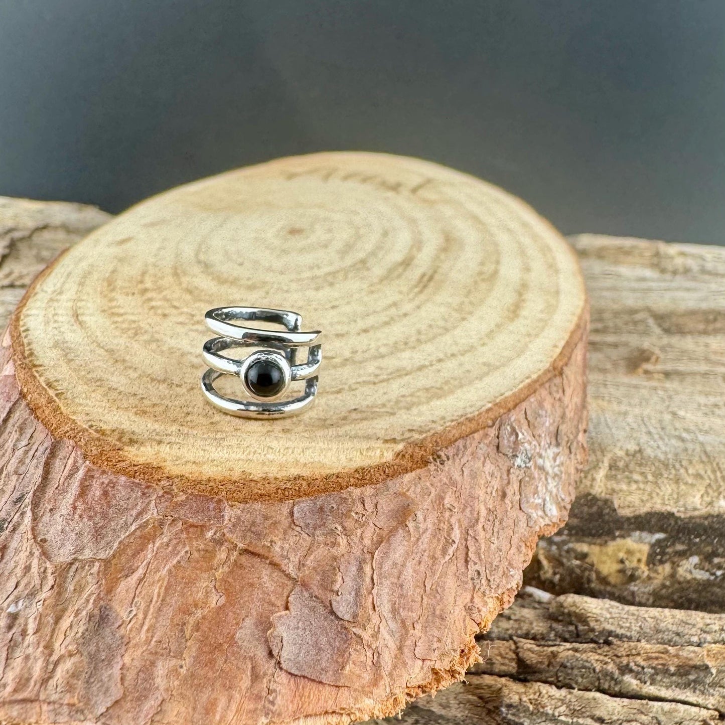 Sterling Silver Black Onyx Ear Cuff • No Piercing 3mm Cabochon Triple Row Design