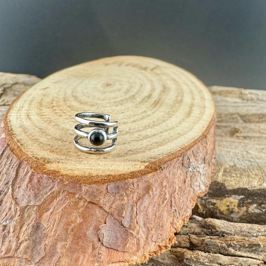 Sterling Silver Black Onyx Ear Cuff • No Piercing 3mm Cabochon Triple Row Design