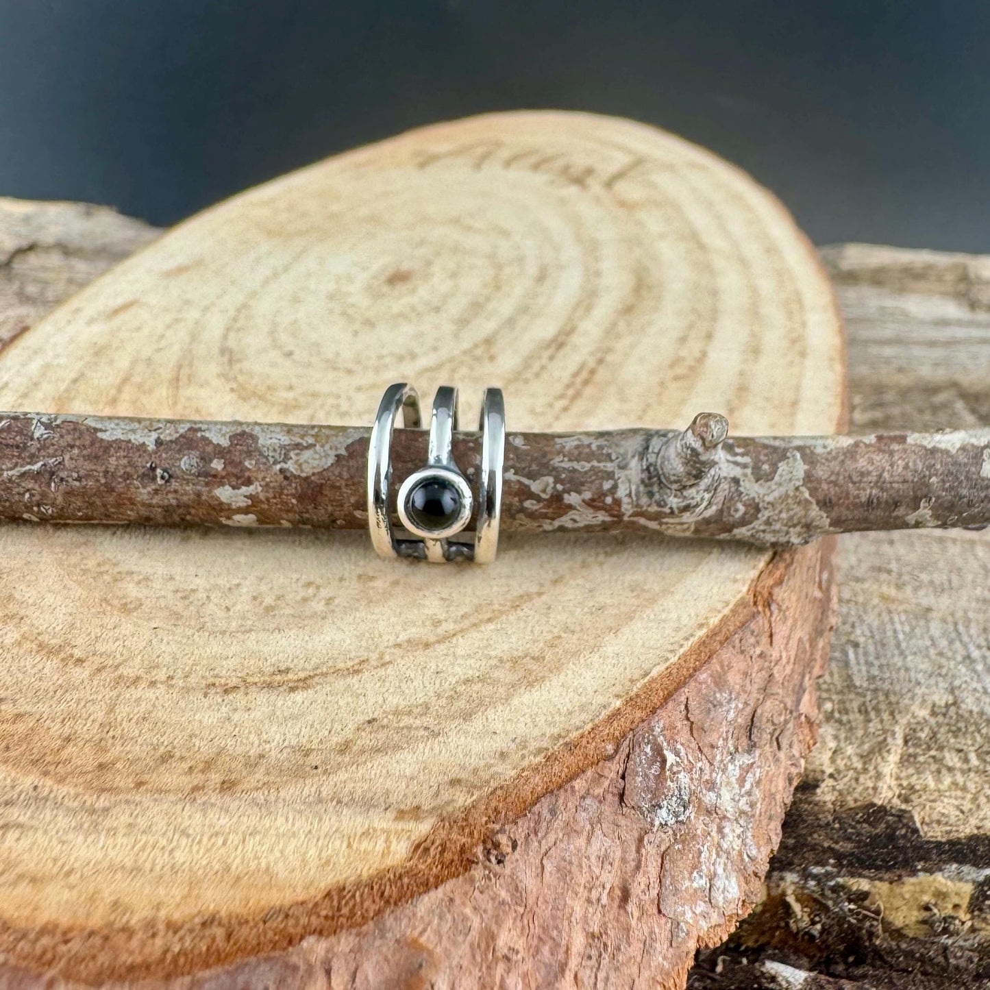 Sterling Silver Black Onyx Ear Cuff • No Piercing 3mm Cabochon Triple Row Design