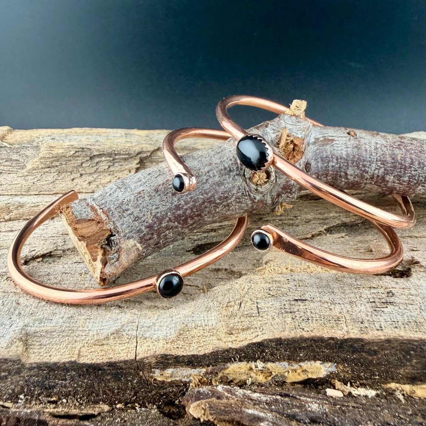 Black Onyx Copper Cuff Bracelet Set • Hand‑Forged Stack of 3 Gemstone Cuffs