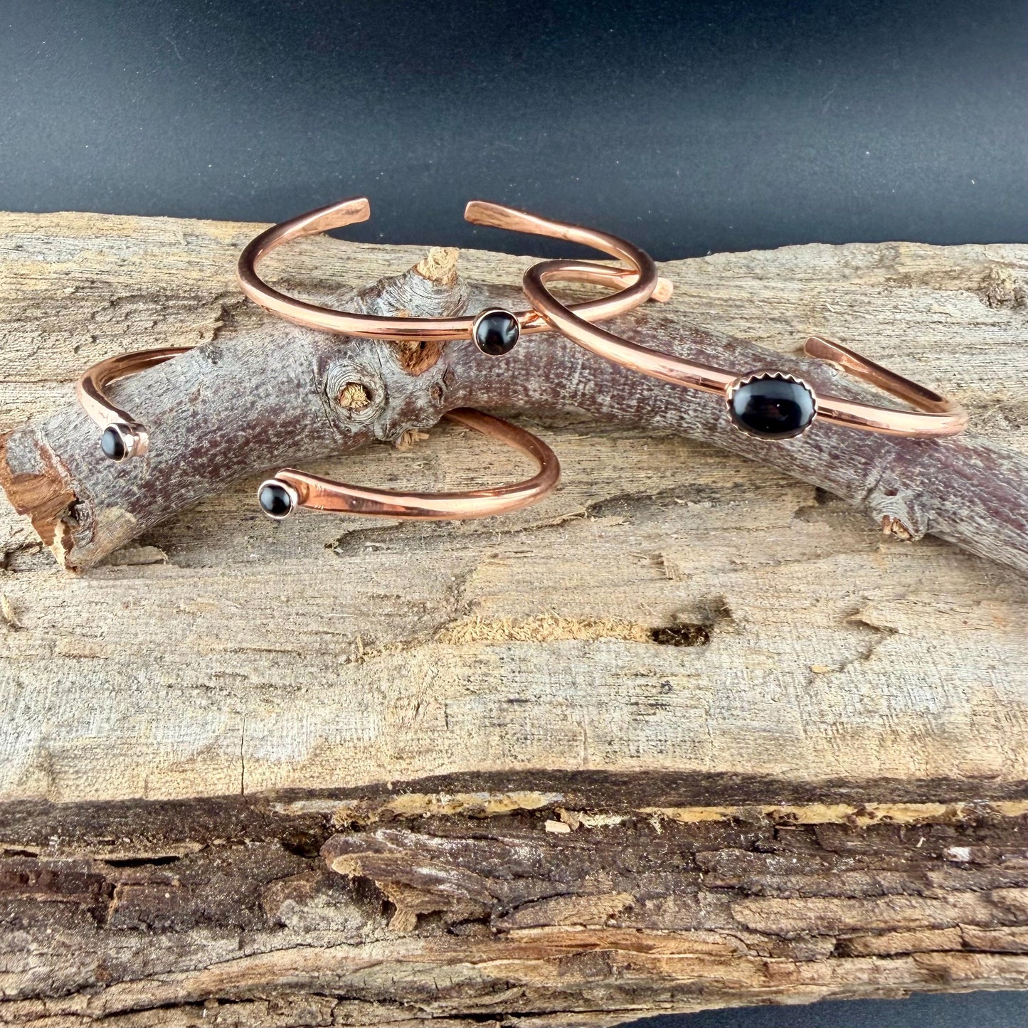 Black Onyx Copper Cuff Bracelet Set • Hand‑Forged Stack of 3 Gemstone Cuffs