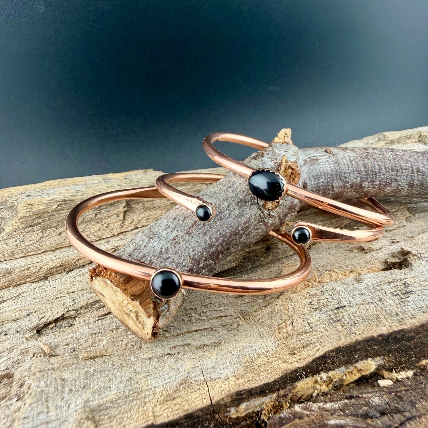 Black Onyx Copper Cuff Bracelet Set • Hand‑Forged Stack of 3 Gemstone Cuffs