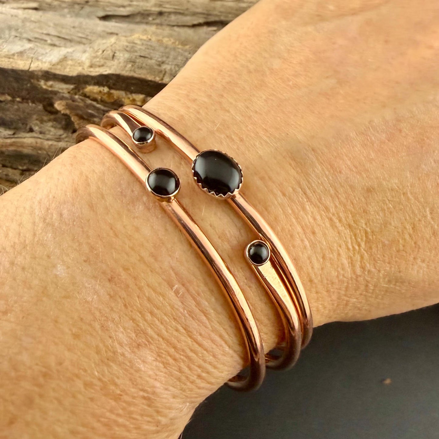 Black Onyx Copper Cuff Bracelet Set • Hand‑Forged Stack of 3 Gemstone Cuffs