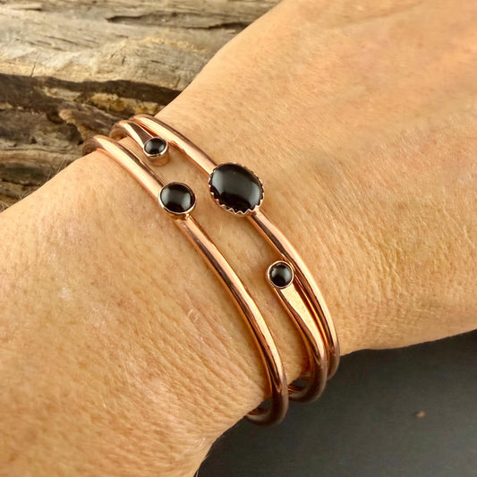 Black Onyx Copper Cuff Bracelet Set • Hand‑Forged Stack of 3 Gemstone Cuffs