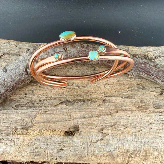 Kingman Turquoise Copper Cuff Bracelet Set • Hand‑Forged Stack of 3 Gemstone Cuffs