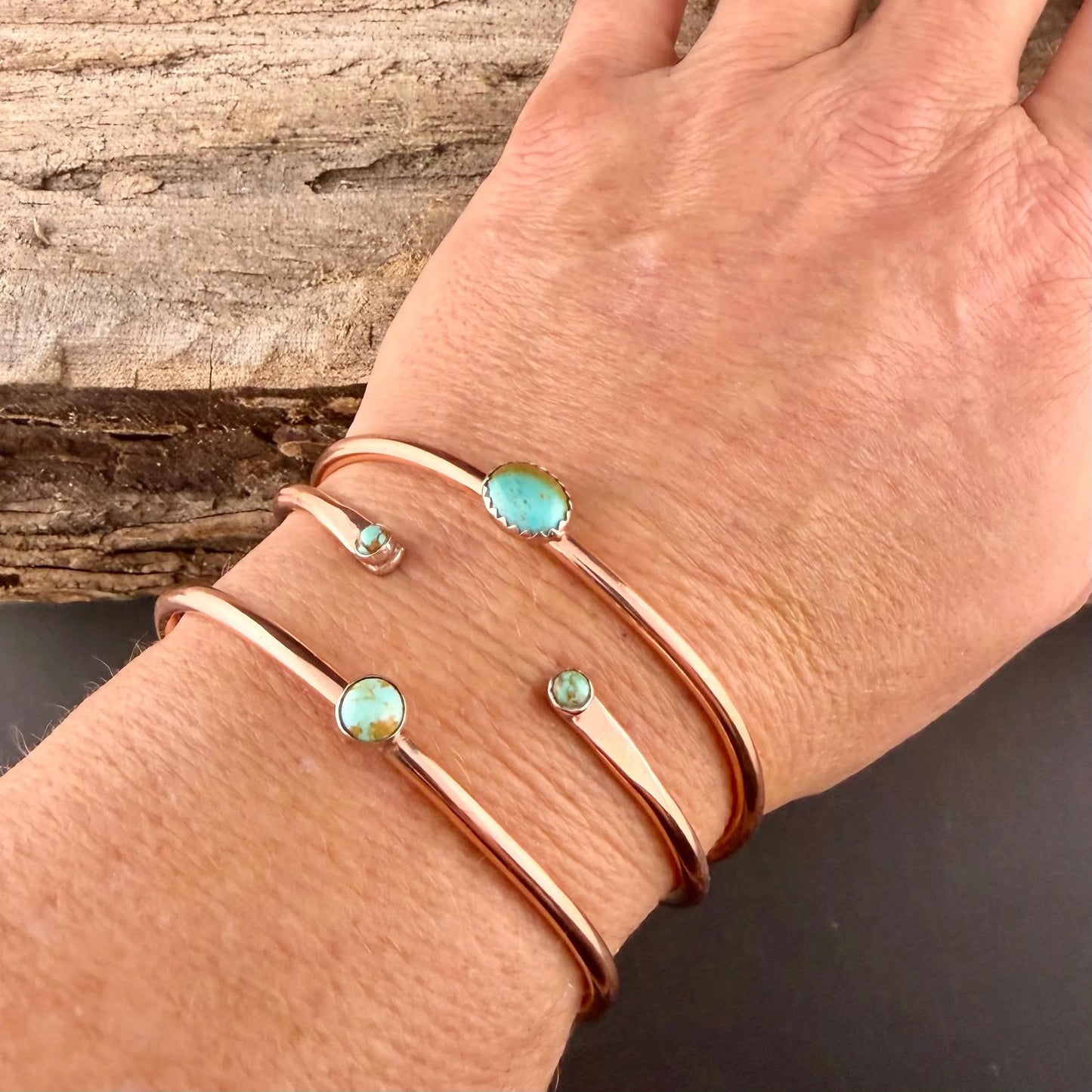 Kingman Turquoise Copper Cuff Bracelet Set • Hand‑Forged Stack of 3 Gemstone Cuffs