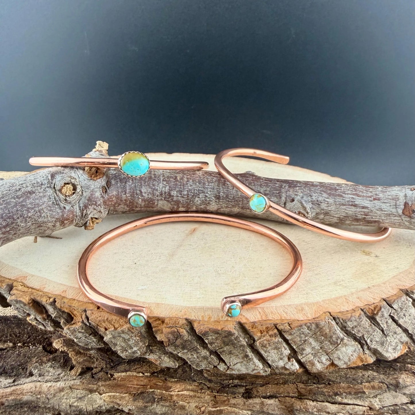 Kingman Turquoise Copper Cuff Bracelet Set • Hand‑Forged Stack of 3 Gemstone Cuffs