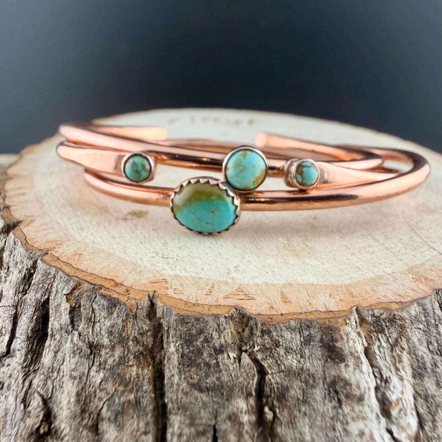 Kingman Turquoise Copper Cuff Bracelet Set • Hand‑Forged Stack of 3 Gemstone Cuffs