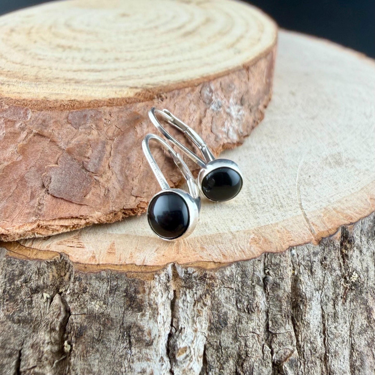 Sterling Silver Lever-Back Black Onyx Earrings • 6mm Round Cabochon • Minimalist Style