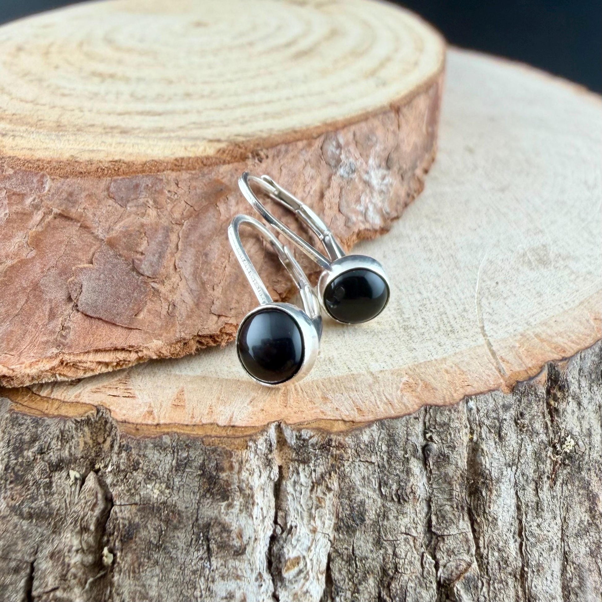 Sterling Silver Lever-Back Black Onyx Earrings • 6mm Round Cabochon • Minimalist Style