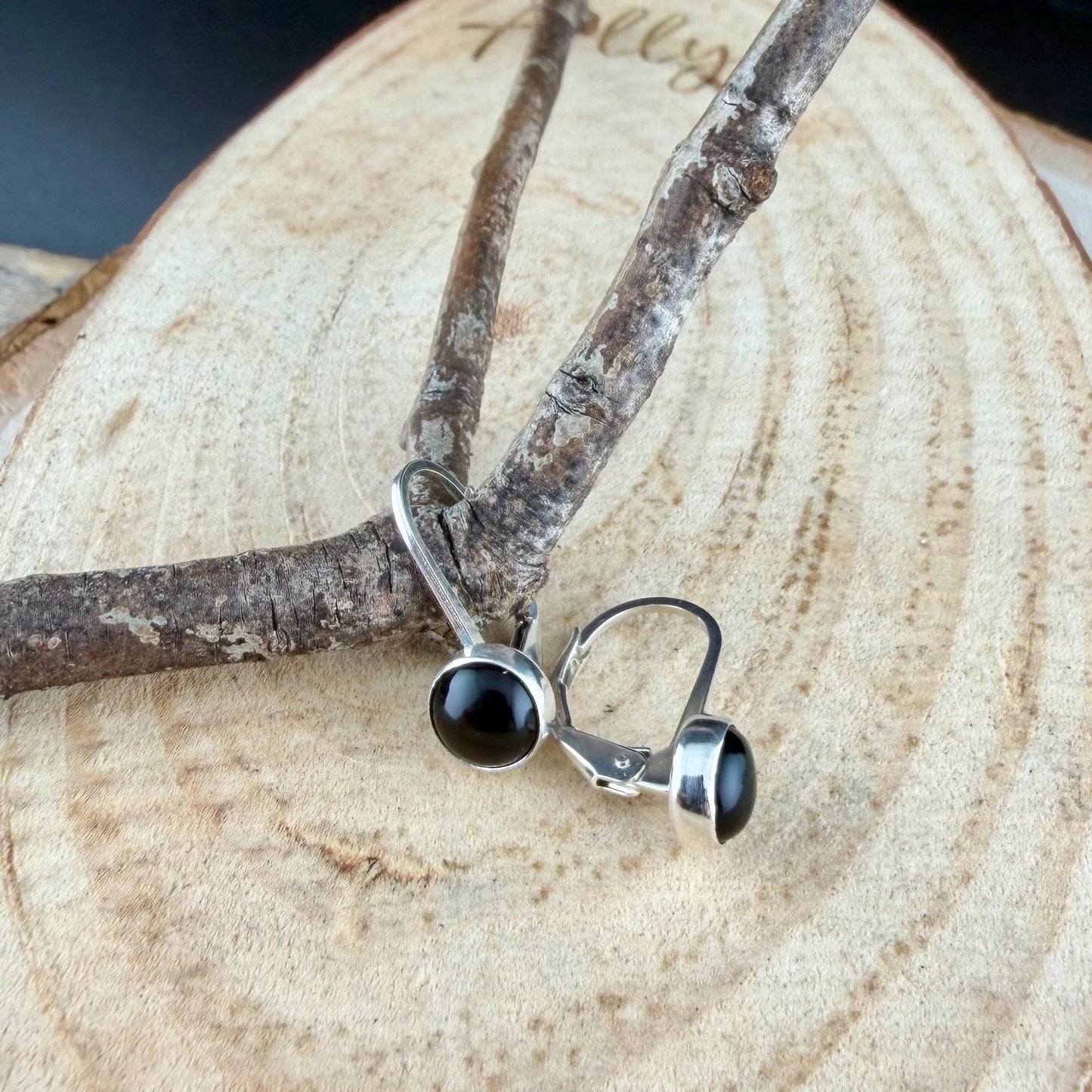 Sterling Silver Lever-Back Black Onyx Earrings • 6mm Round Cabochon • Minimalist Style