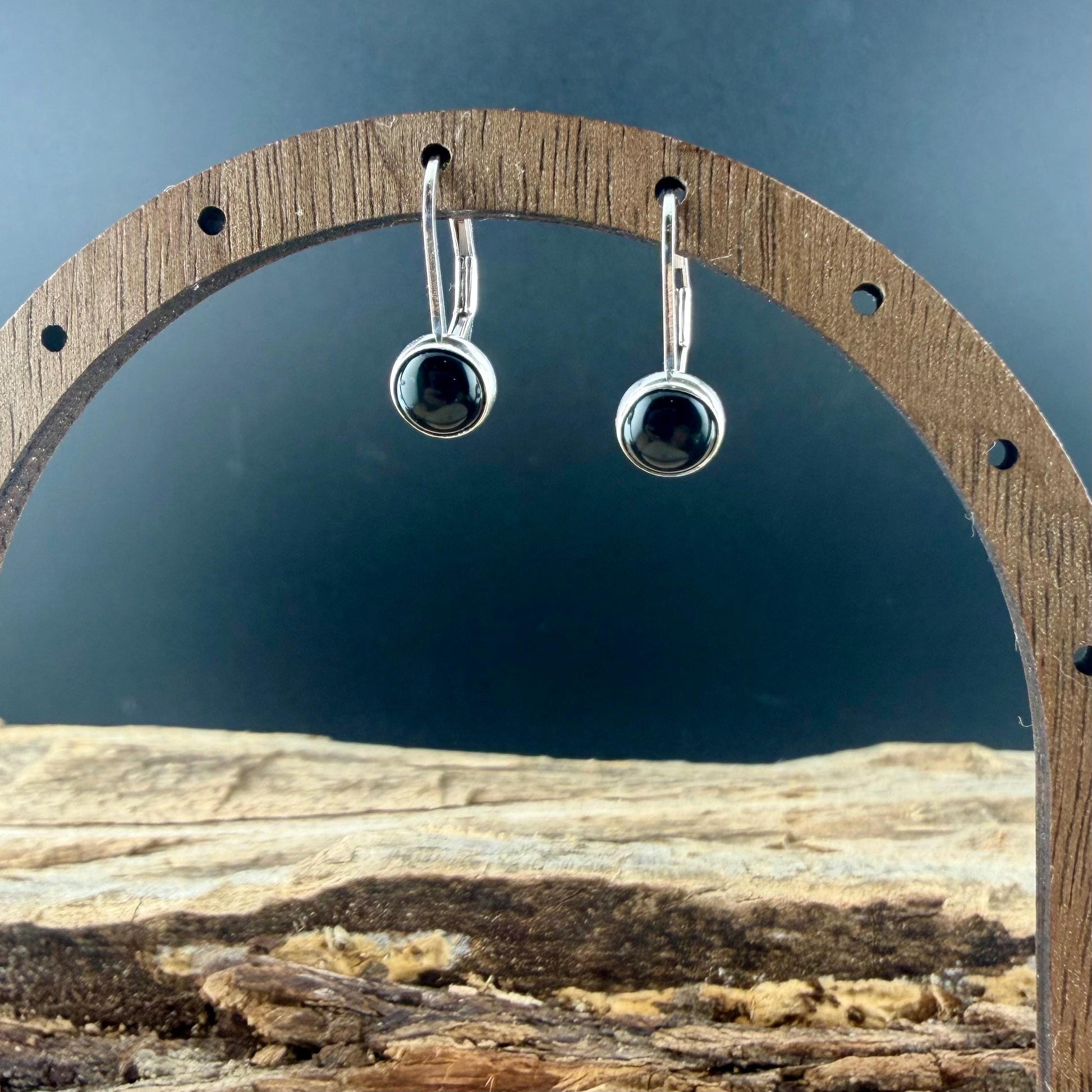 Sterling Silver Lever-Back Black Onyx Earrings • 6mm Round Cabochon • Minimalist Style