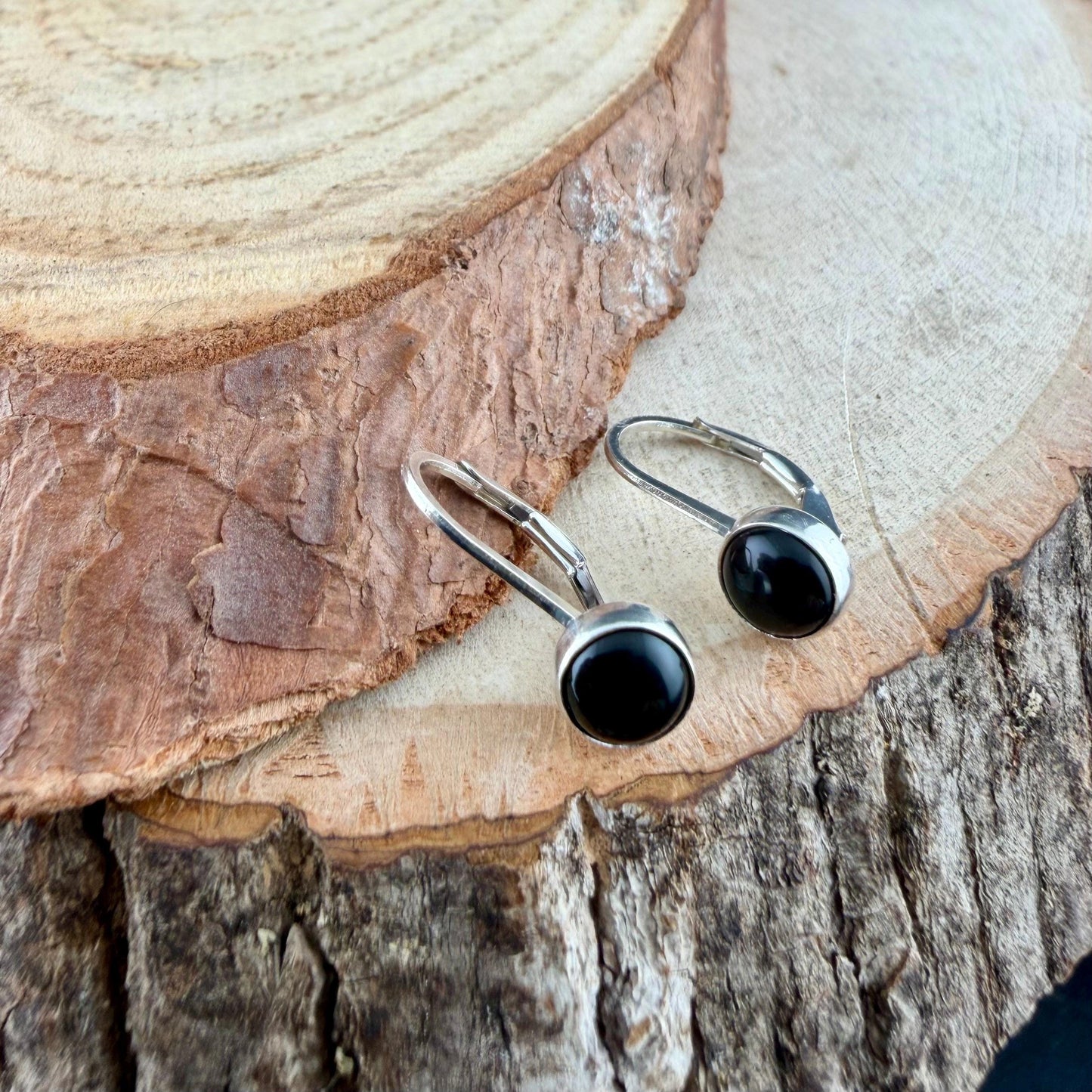 Sterling Silver Lever-Back Black Onyx Earrings • 6mm Round Cabochon • Minimalist Style