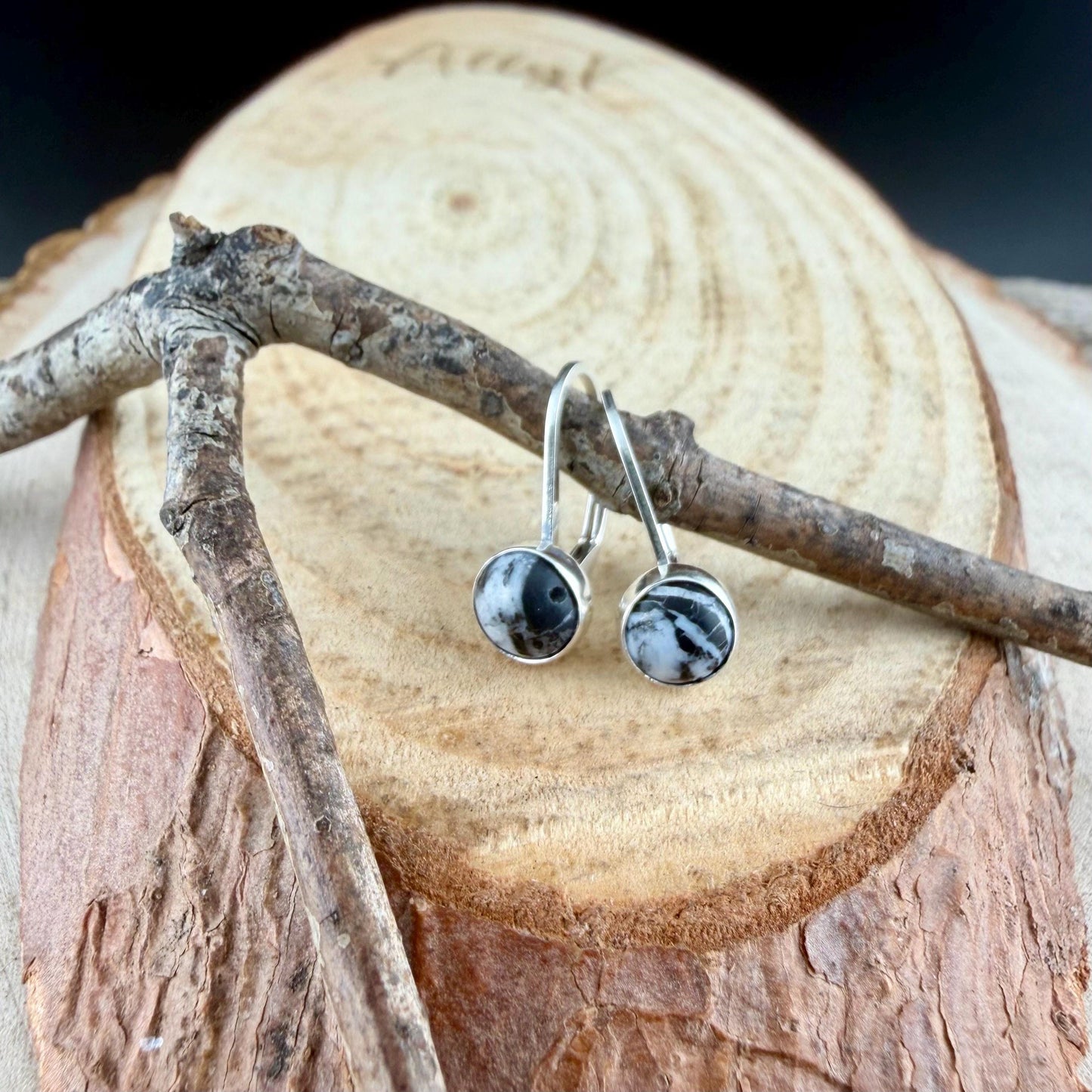 Sterling White Buffalo Lever Back Earrings • 6mm Round Cabochon • Minimalist Black-White Stone